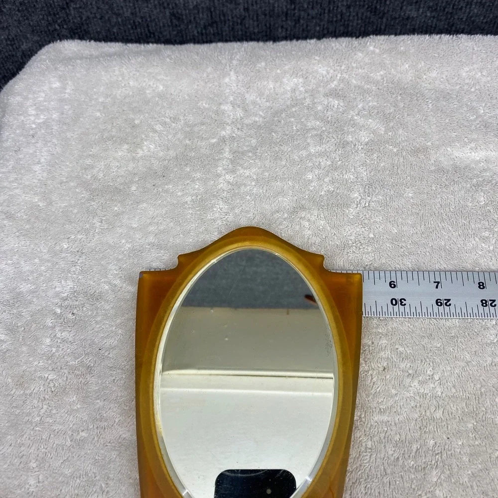 Vintage Amber Celluloid Hand Mirror Art Deco Faux Tortoise Floral Gold Detail